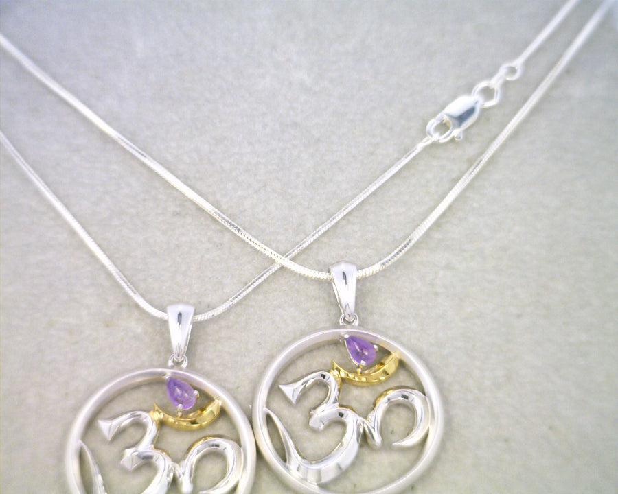 Silver OM with Gold Plating and Amethyst Stone